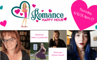 Romance Happy Hour Graphic featuring authors Loren Sorenson, Emma Alisyn, Dylann Crush, and Dawn Luedecke