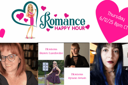 Romance Happy Hour Graphic featuring authors Loren Sorenson, Emma Alisyn, Dylann Crush, and Dawn Luedecke